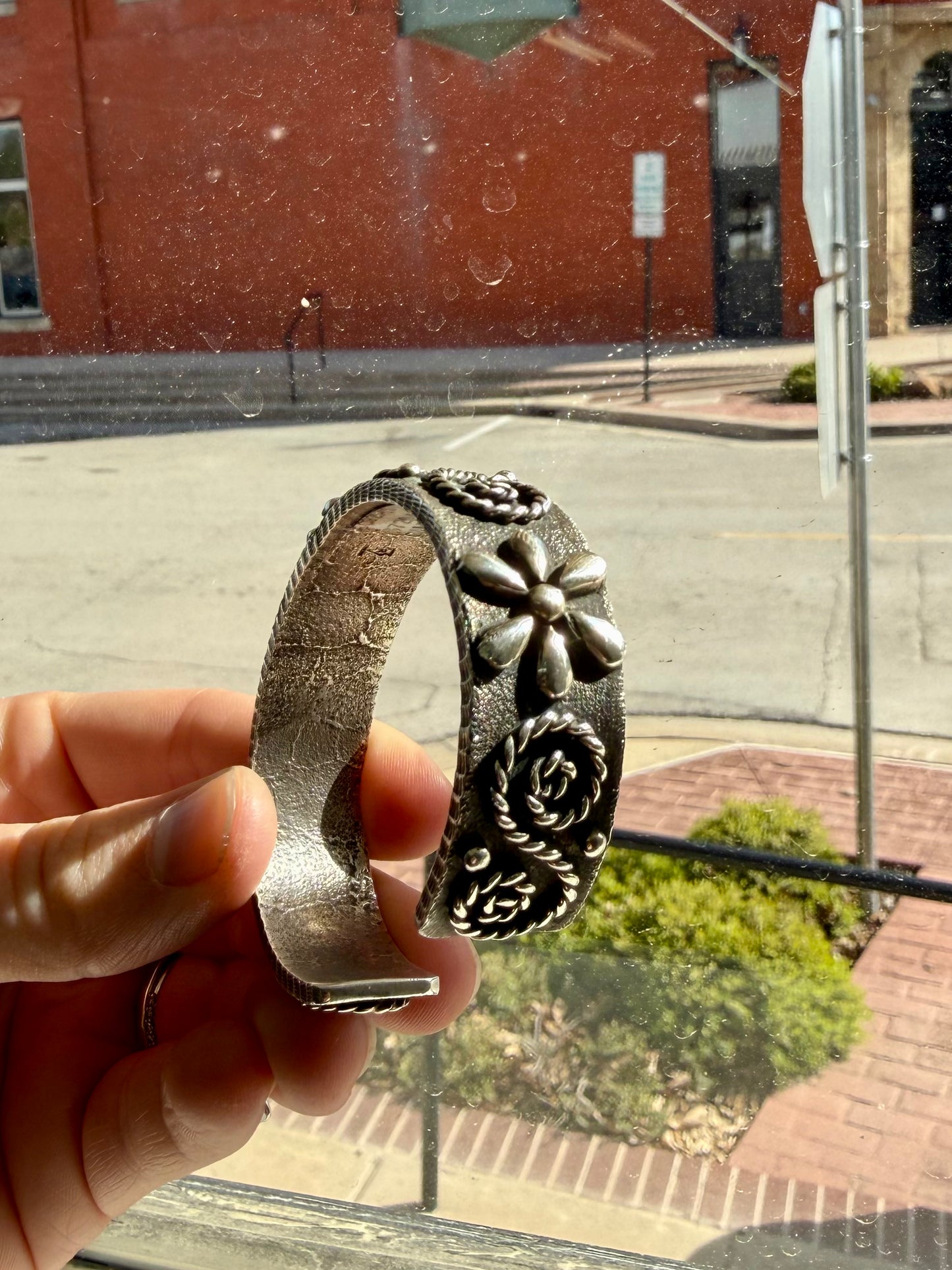 Flower Swirl Stamped Silver Cuff