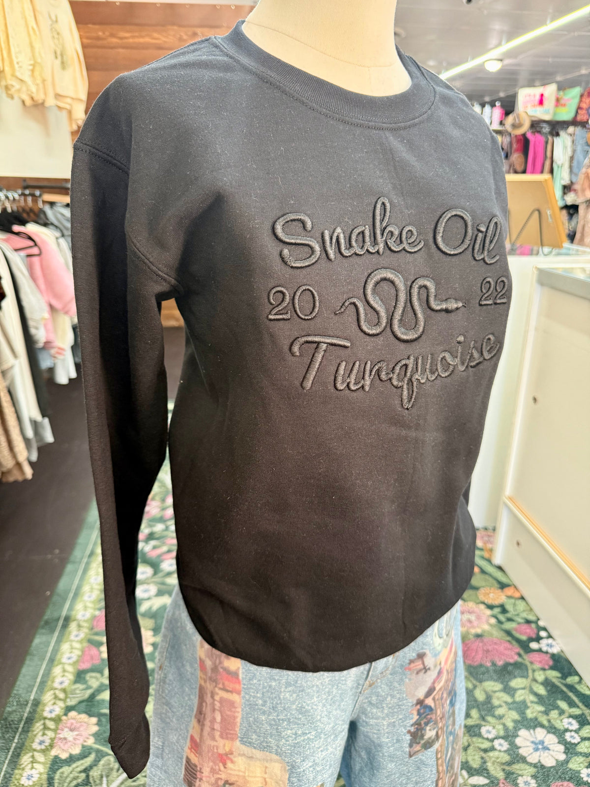 Embroidered Snake Oil Turquoise Sweater- Black