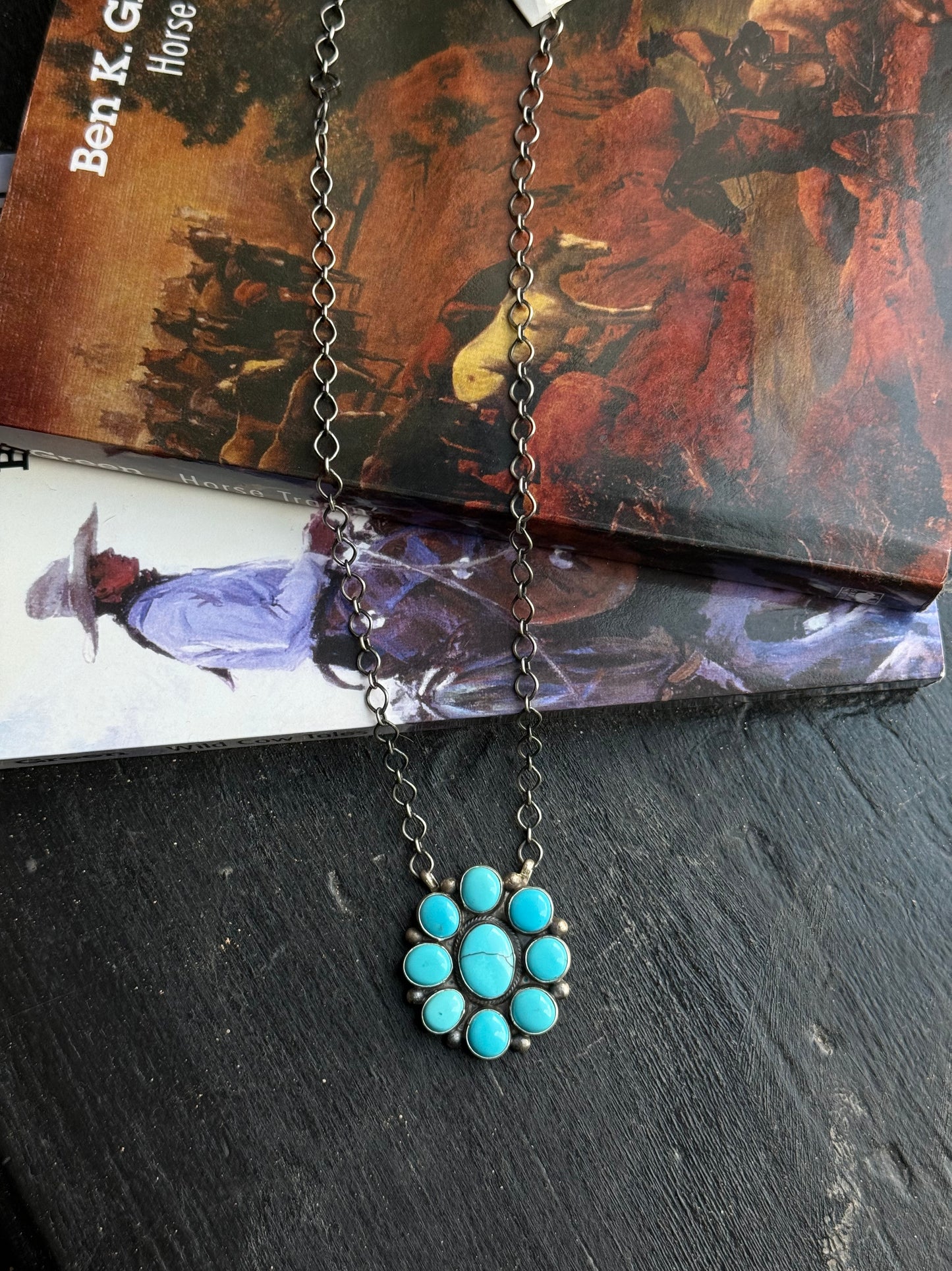 Kingman Turquoise Cluster Necklace made by Delbert Begay