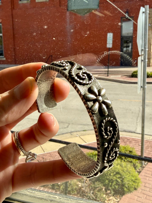 Flower Swirl Stamped Silver Cuff