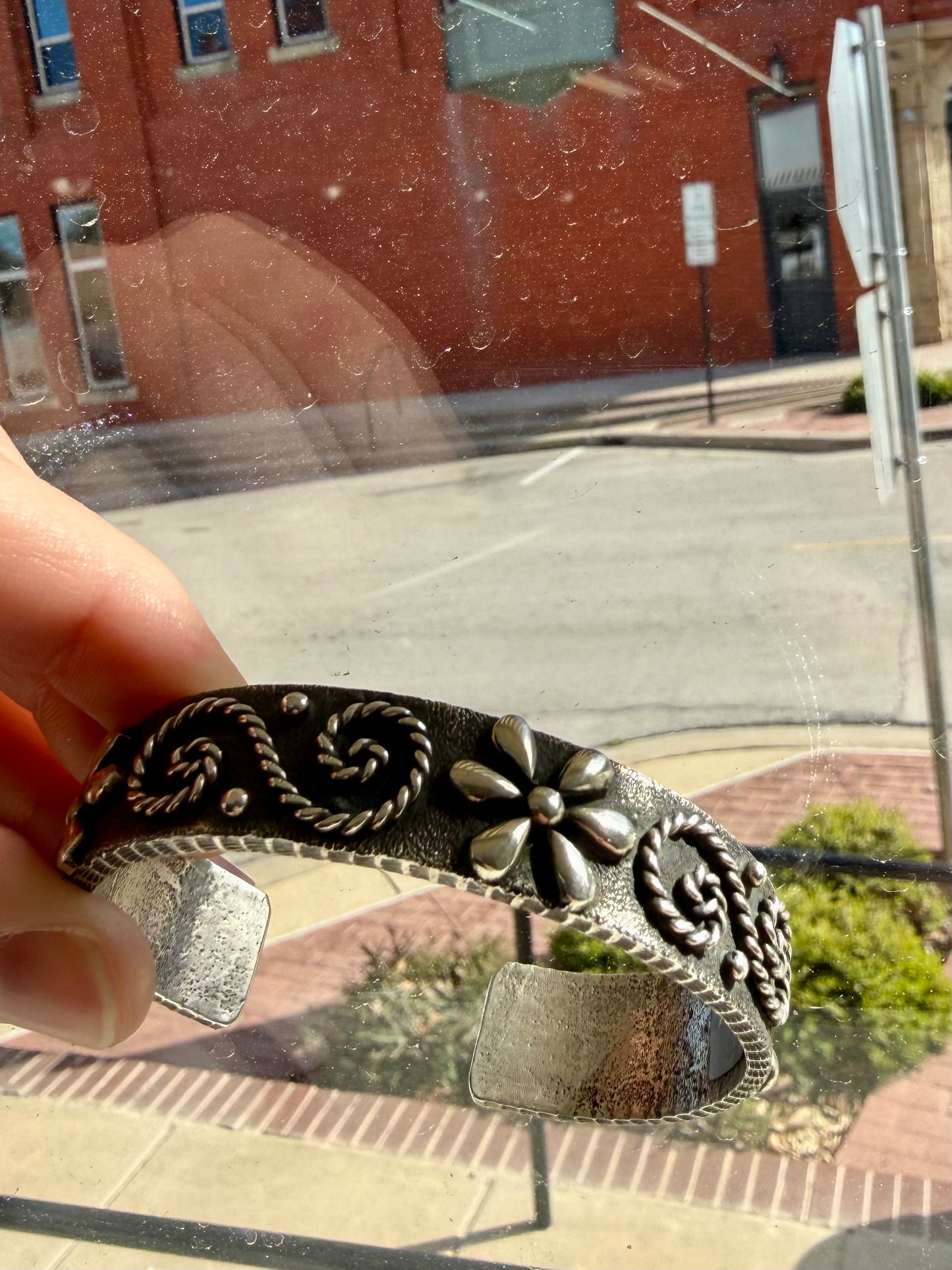 Flower Swirl Stamped Silver Cuff