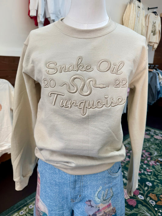 Embroidered Snake Oil Turquoise Sweater- Tan