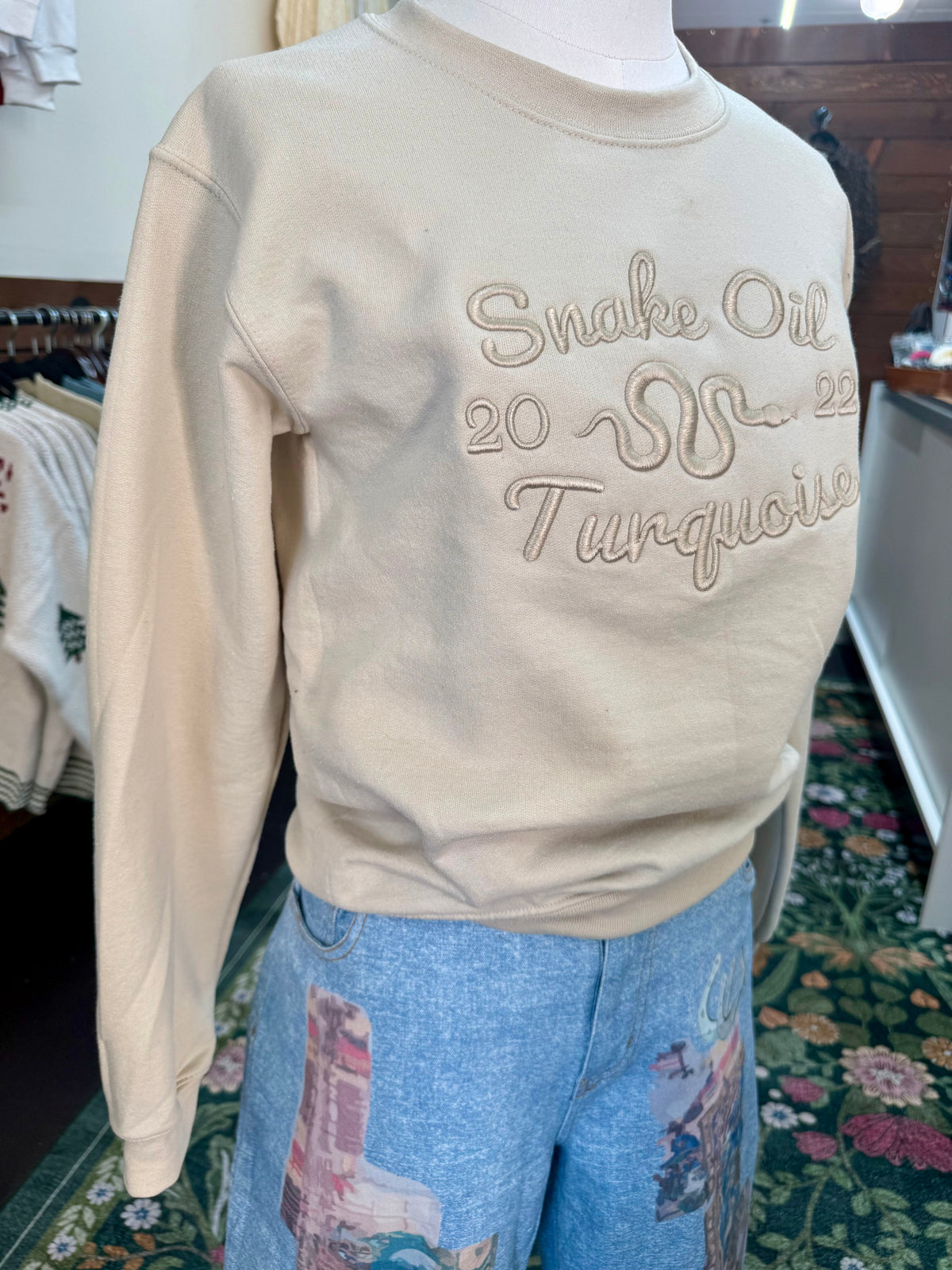 Embroidered Snake Oil Turquoise Sweater- Tan