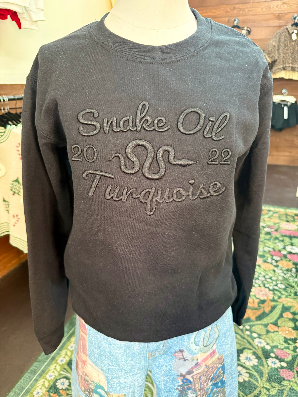 Embroidered Snake Oil Turquoise Sweater- Black
